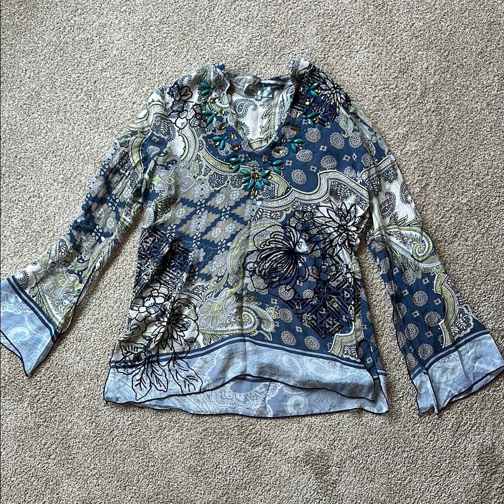Hale Bob Blue Graphic 3/4 Sleeve Blouse